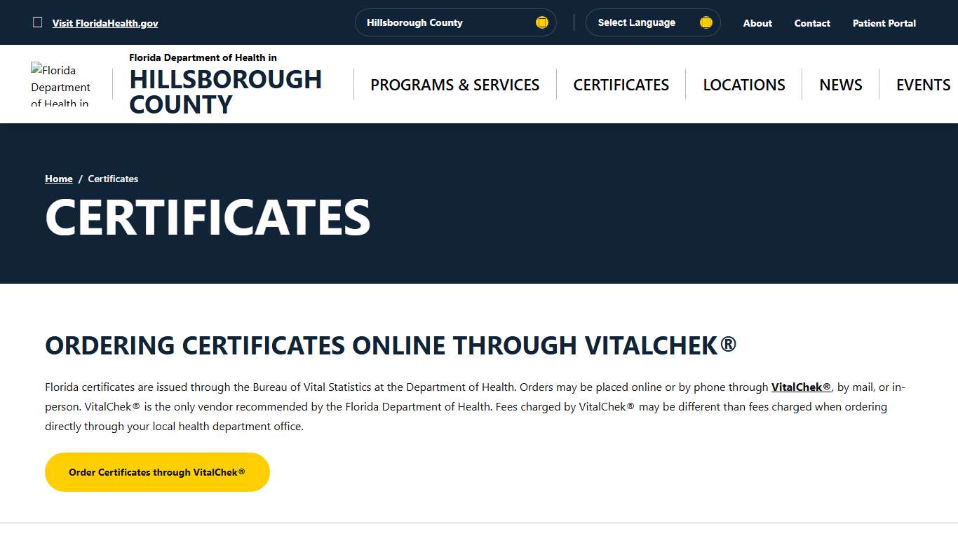Certificates - Florida Department of Health in Hillsborough County